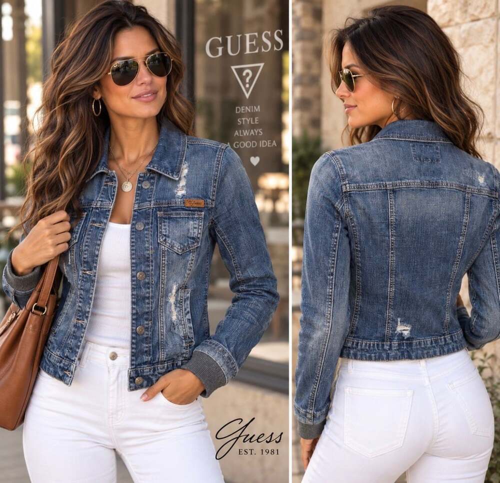GUESS Women M Blue Distressed Denim Jacket Jean Trucker Knit Cuff Stretch